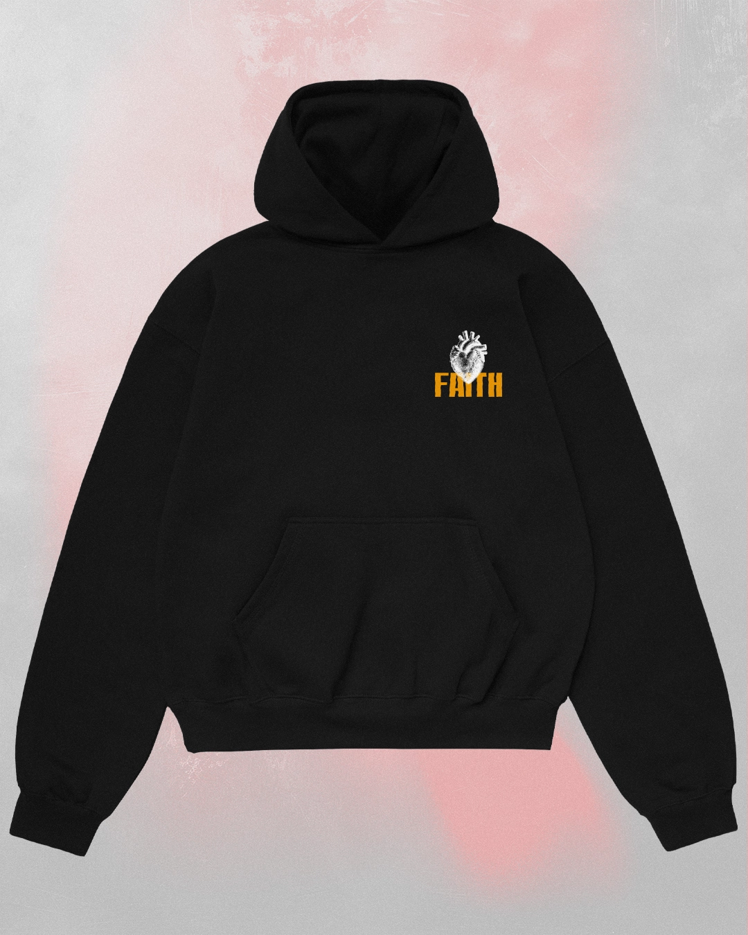 Front view of Faith Strong Might Hoodie with yellow “Faith” text and illustrated heart.