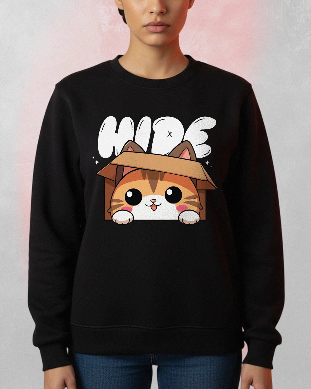 black sweatshirt with a cute cartoon printed sweatshirt cat hiding inside a box and the word HIDE printed above