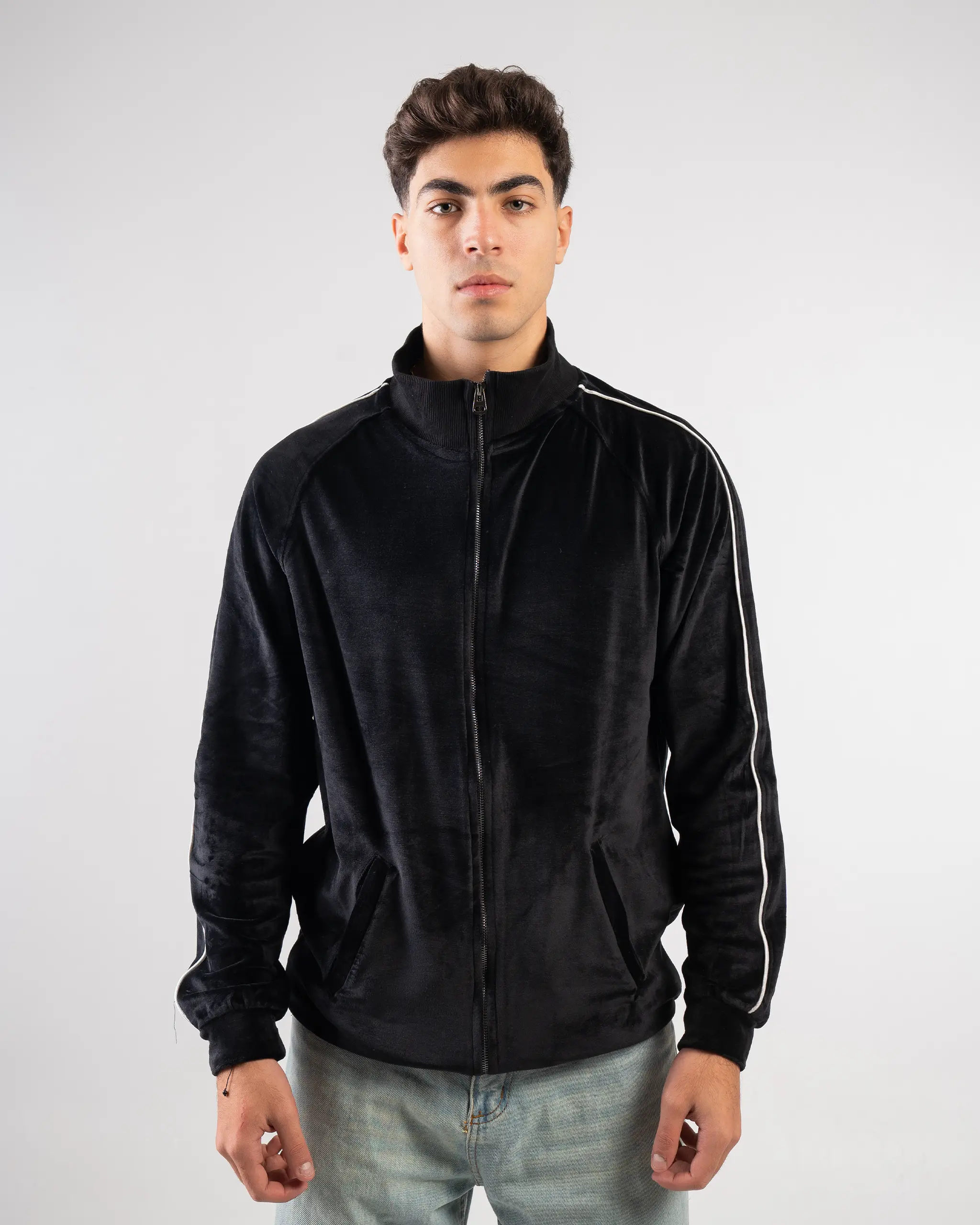 Black velvet plain jacket zip-up with a soft texture and minimalist design