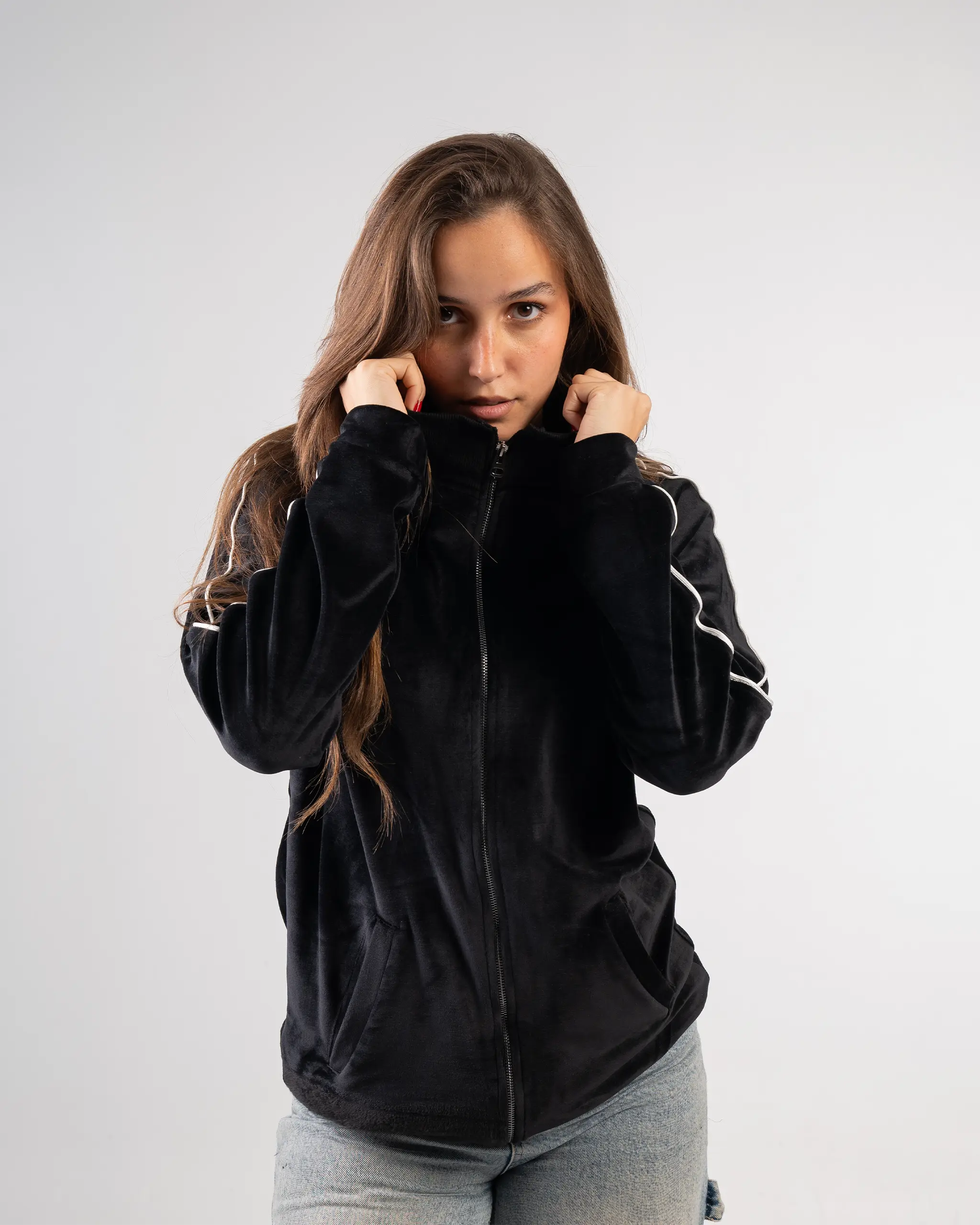 Black velvet plain jacket zip-up with a soft texture and minimalist design