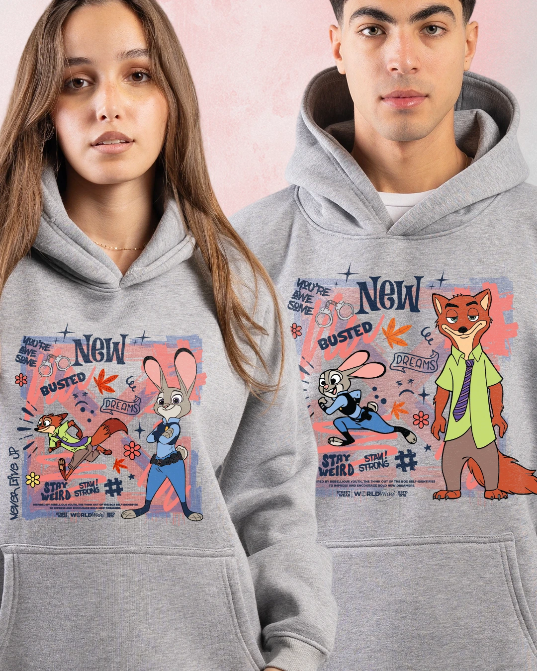 Grey matching couple hoodies with Bunny Fox Cartoon Hoodies graphic street-style design
